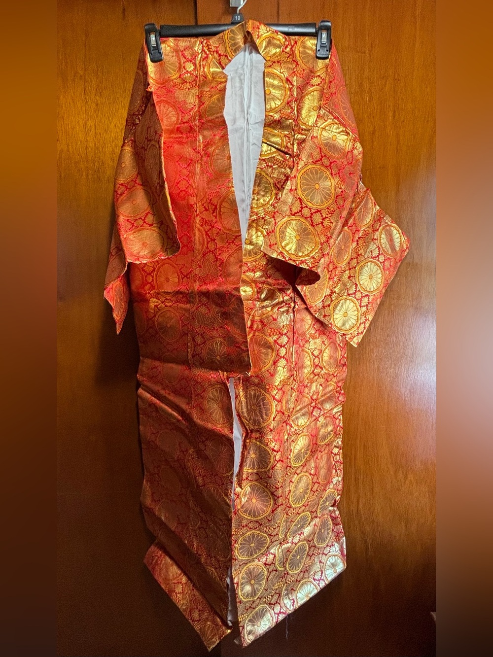 Vintage Japanese Silk Brocade Kimono Robe Large Metallic Orange & Gold Pattern - Picture 2 of 15